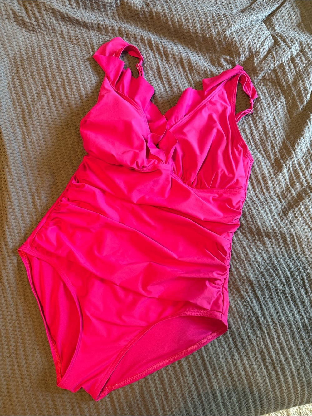 DKNY Hot Pink Ruffle Front One-Piece Swimsuit - Picture 1 of 6